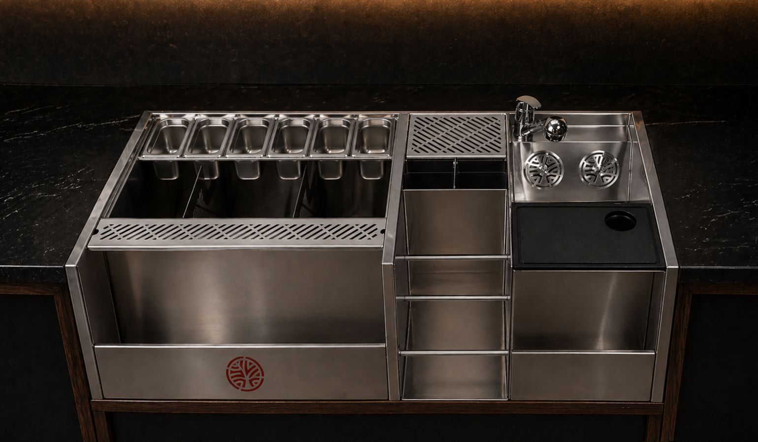Compact 52-inch stainless steel bar station in a dark bar setting, ideal as a coffee bar counter