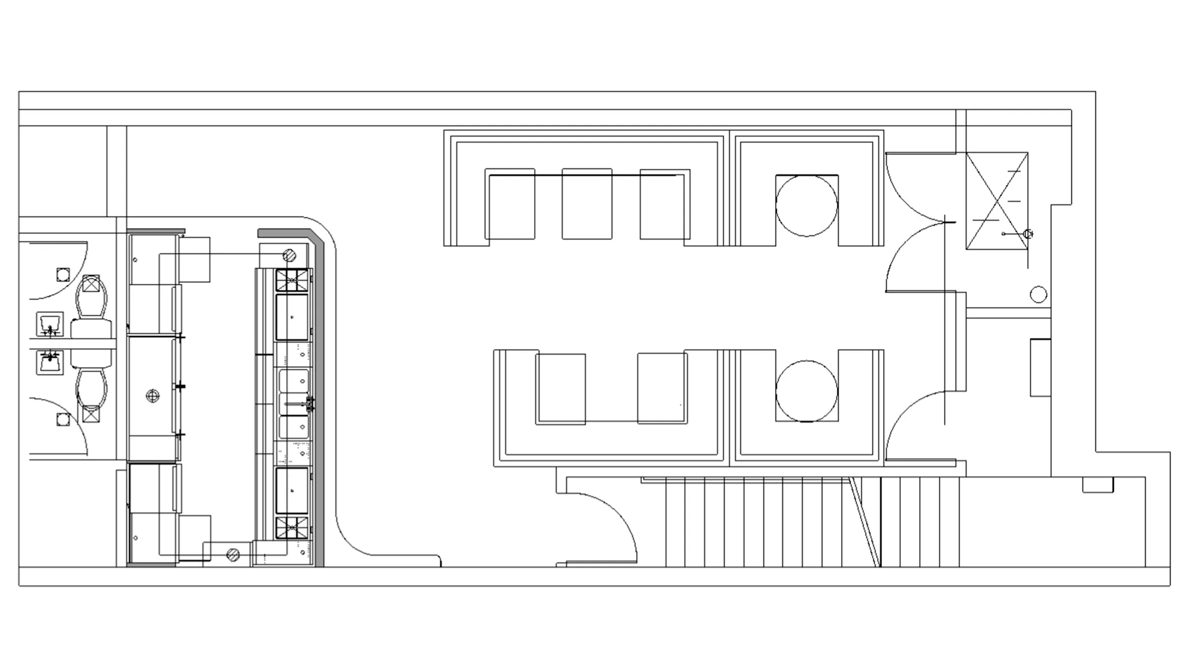 CAD floor plan drawing of a bar layout with working zones and seating