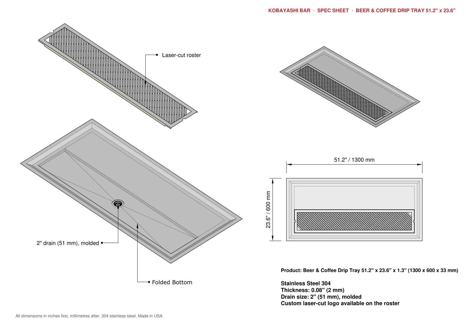 Coffee drip tray drawing with dimensions in inches and millimeters