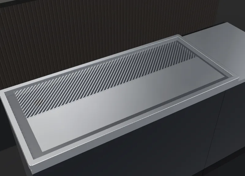 Stainless steel coffee drip tray with a solid shelf and a laser-cut roster