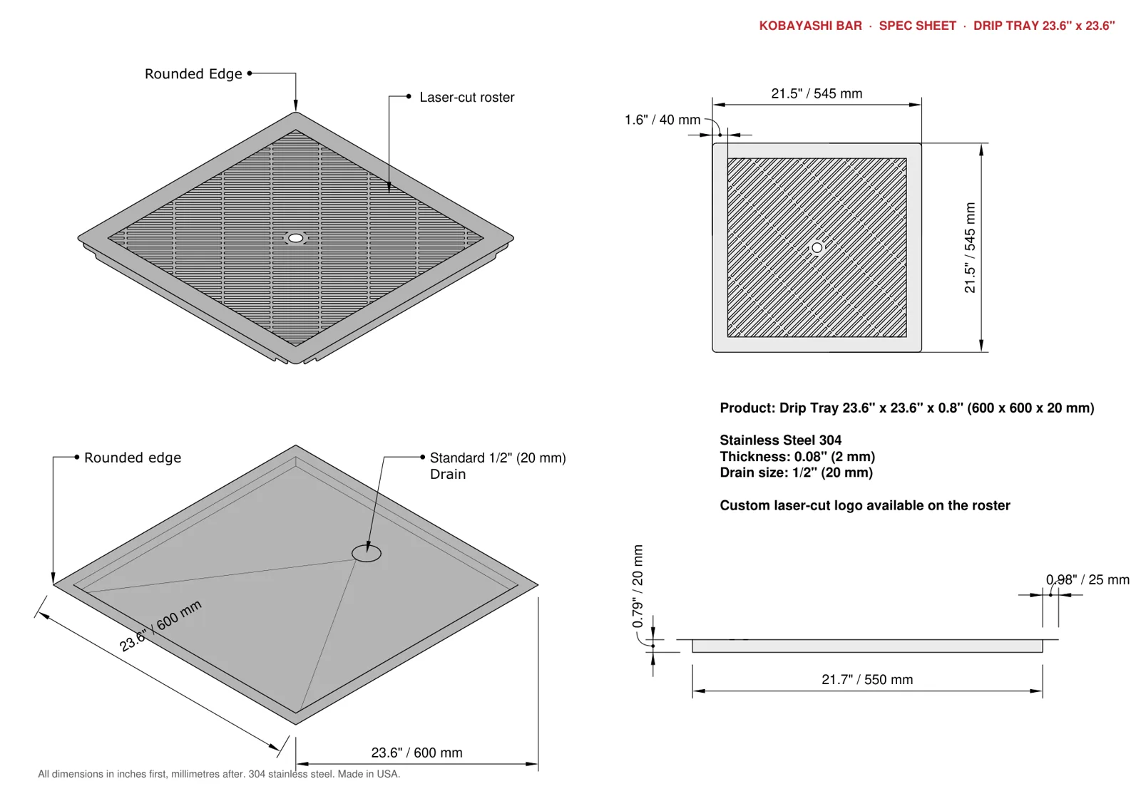 Bar drip tray drawing with dimensions in inches and millimeters