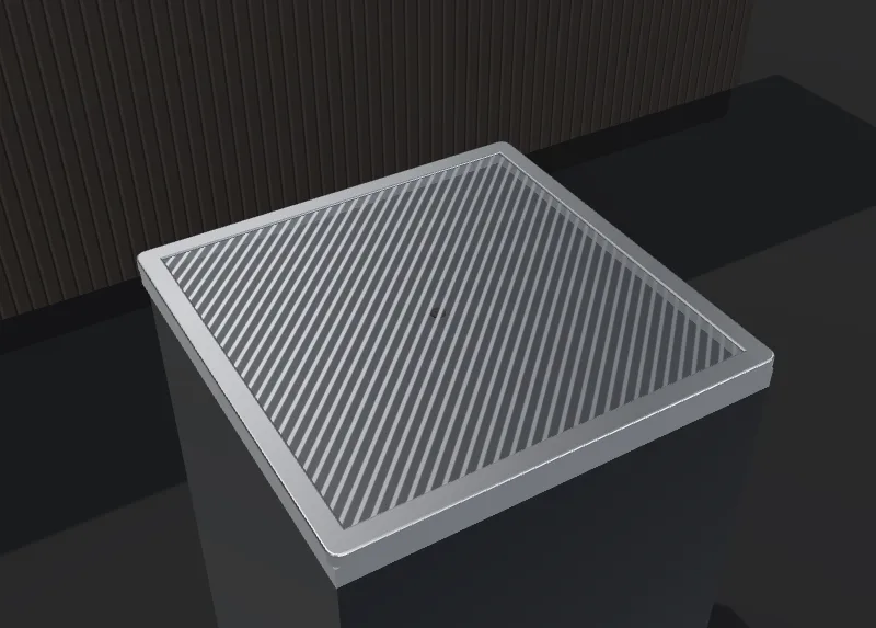 Stainless steel bar drip tray with laser-cut roster set into a work top