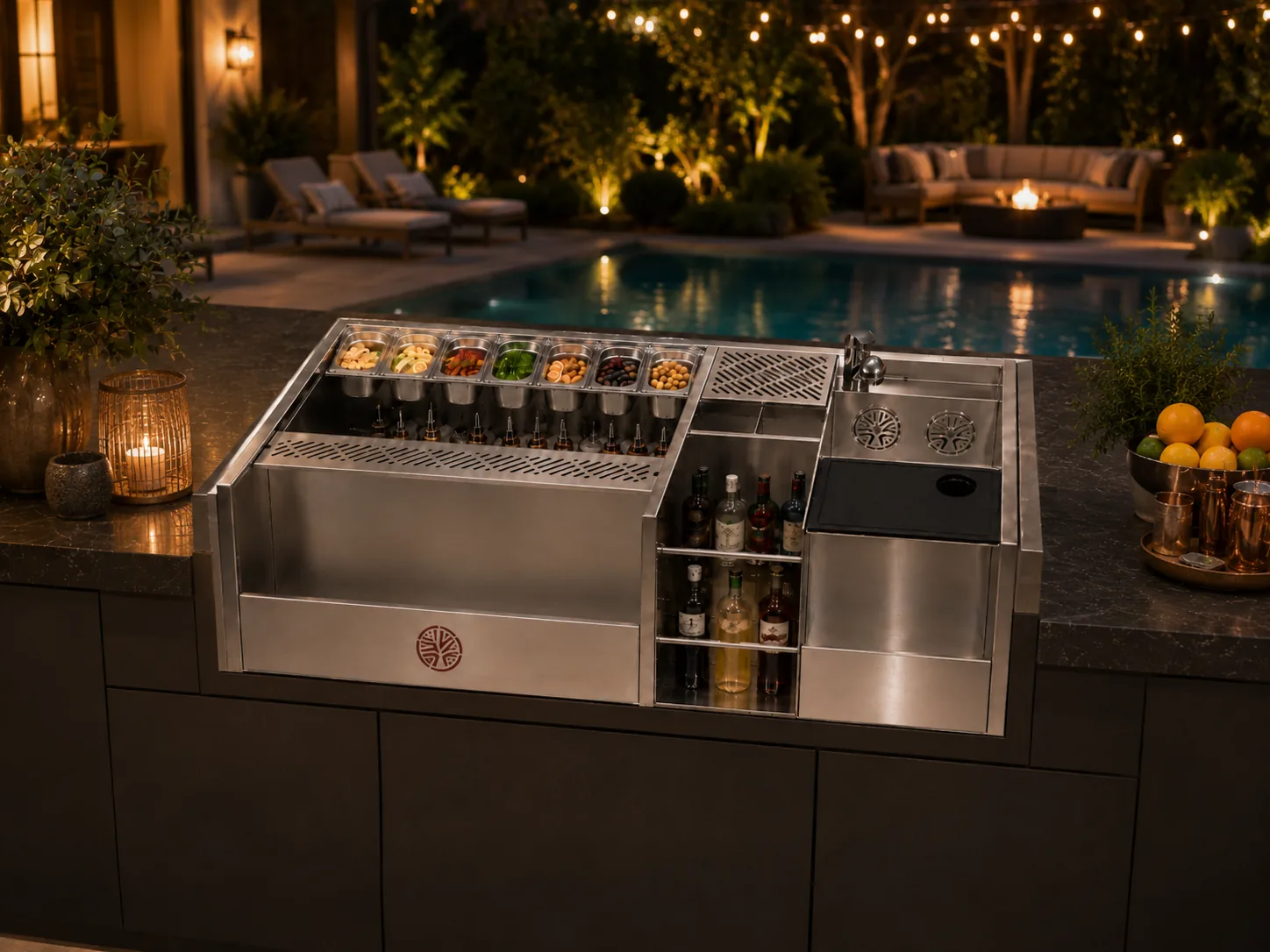 Mobile bar design with a freestanding 304 stainless portable bar at an outdoor event
