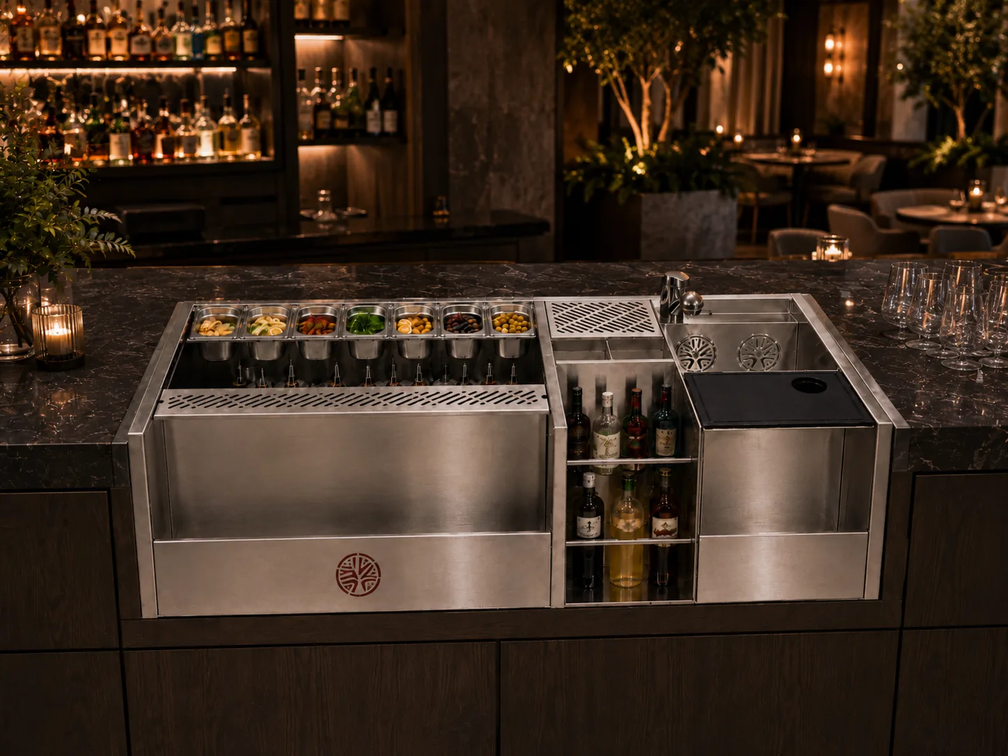 Cocktail bar design with a 304 stainless steel build station in an upscale lounge