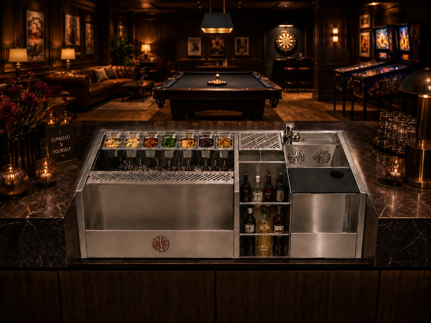 Game room bar with a stainless steel Kobayashi station, pool table, darts, and arcade