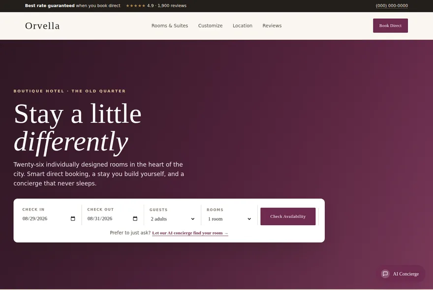 Orvella boutique hotel homepage sample
