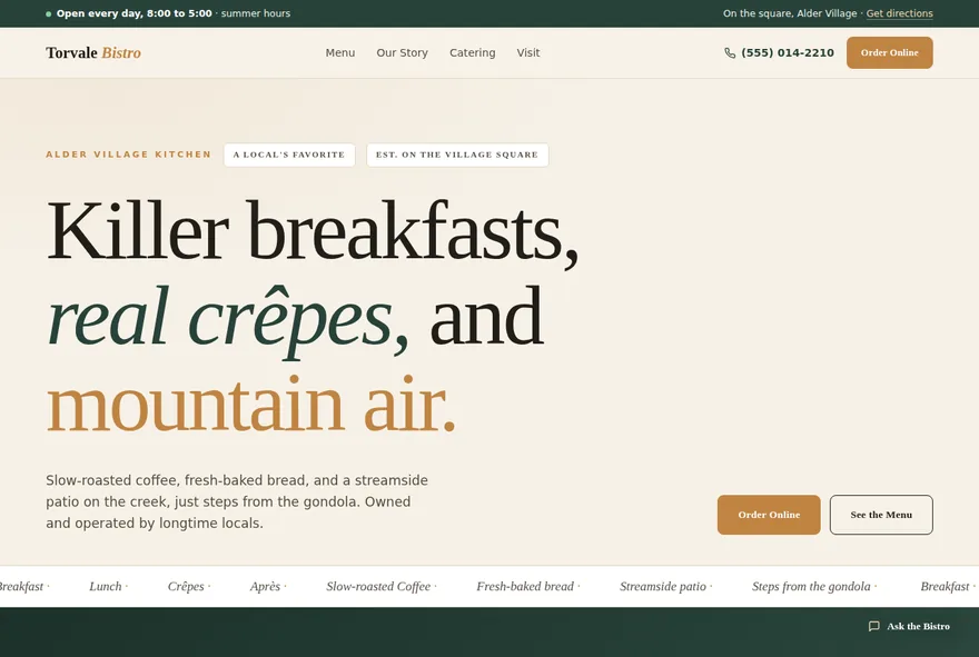 Torvale bistro homepage sample