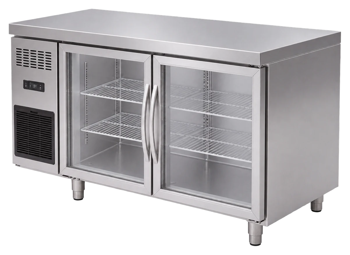 Commercial undercounter refrigerator with stainless worktop and glass doors